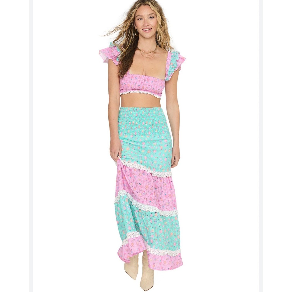Beach Bunny Everette Maxi Skirt Teal Pink Seashell Eyelet Lace Smocked Boho NWT